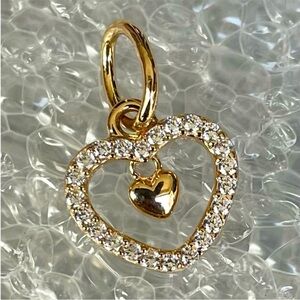 New ! Pandora 14k Solid Gold 585 ALE Double Heart~ Clear CZ Dangle Charm